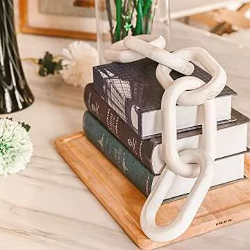 Baidast Wood Chain Link Decor-White Boho Home Decor Modern Farmhouse Decorative Objects Hand Carved 5 Link Chain Decor for Coffee Table Tiered Tray Table (22.75Inch)