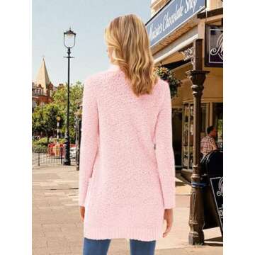 GRACE KARIN Long Cardigan Sweater for Women Fuzzy Chunky Knit Pink Sweater Soft Fleece Popcorn Cardigan Light Pink L