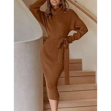 ANRABESS Women's Turtleneck Long Sleeve Knit Slit Slim Bodycon Tie Waist Pullover Midi Sweater Dress 2024 Fall Winter Outfits Caramel Large