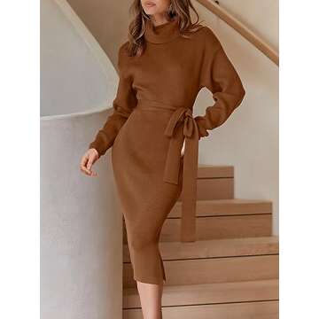 ANRABESS Women's Turtleneck Long Sleeve Knit Slit Slim Bodycon Tie Waist Pullover Midi Sweater Dress 2024 Fall Winter Outfits Caramel Large