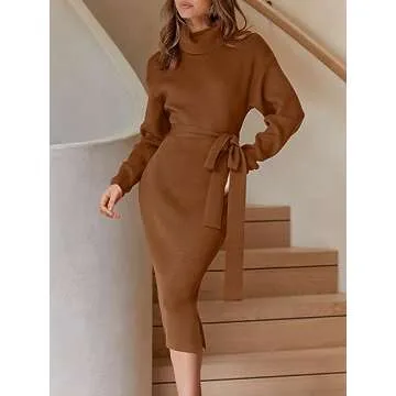 ANRABESS Women's Turtleneck Long Sleeve Knit Slit Slim Bodycon Tie Waist Pullover Midi Sweater Dress 2024 Fall Winter Outfits Caramel Large