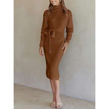 ANRABESS Women's Turtleneck Long Sleeve Knit Slit Slim Bodycon Tie Waist Pullover Midi Sweater Dress 2024 Fall Winter Outfits Caramel Large