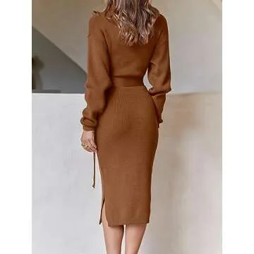 ANRABESS Women's Turtleneck Long Sleeve Knit Slit Slim Bodycon Tie Waist Pullover Midi Sweater Dress 2024 Fall Winter Outfits Caramel Large