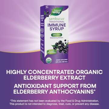 Nature's Way Sambucus Elderberry Traditional Immune Syrup for Ages 7+, Traditional Immune & Antioxidant Support*, Organic Black Elderberry Extract, USDA Certified Organic, 4 Fl Oz (Packaging May Vary)