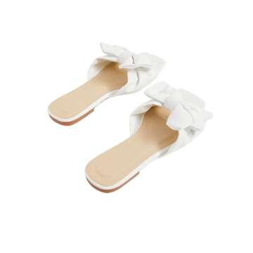 GORGLITTER Women's Bow Flat Sandals Dressy Square Open Toe Sandals Comfortable Slip On Slide Sandals White Size 9.5