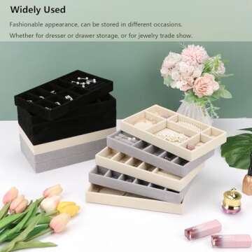 AIRZSNRY Jewelry Organizer Trays for Drawers, Stackable Jewelry Storage Trays for Women, Velvet Drawer Inserts Display Case for Rings Stud Necklaces, Set of 4