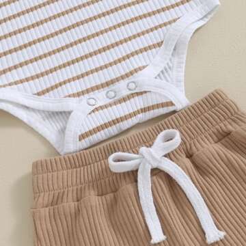 Newborn Baby Boy Girl Clothes Set Ribbed Short Sleeve Striped Romper Top Solid Color Shorts Sets 2Pcs Summer Outfits (A-Khaki, 6-9 Months)