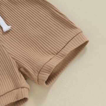 Newborn Baby Boy Girl Clothes Set Ribbed Short Sleeve Striped Romper Top Solid Color Shorts Sets 2Pcs Summer Outfits (A-Khaki, 6-9 Months)