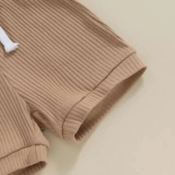 Newborn Baby Boy Girl Clothes Set Ribbed Short Sleeve Striped Romper Top Solid Color Shorts Sets 2Pcs Summer Outfits (A-Khaki, 6-9 Months)
