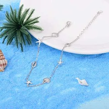 BEILIN 925 Sterling Silver Seabeach Conch Starfish Anklet for Women (8.6 with 2 inches)