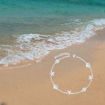 BEILIN 925 Sterling Silver Seabeach Conch Starfish Anklet for Women (8.6 with 2 inches)