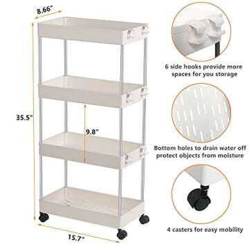 exilot Storage Cart 4 Tier Bathroom Storage Organizer Rolling Utility Cart, Slide Out Storage Shelve...