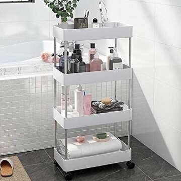 exilot Storage Cart 4 Tier Bathroom Storage Organizer Rolling Utility Cart, Slide Out Storage Shelves Mobile Shelving Unit for Bathroom Kitchen Bedroom Laundry Narrow Places.
