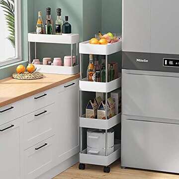 exilot Storage Cart 4 Tier Bathroom Storage Organizer Rolling Utility Cart, Slide Out Storage Shelves Mobile Shelving Unit for Bathroom Kitchen Bedroom Laundry Narrow Places.