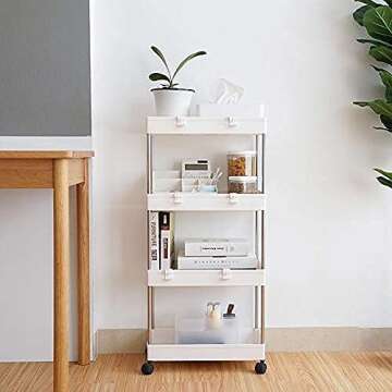 exilot Storage Cart 4 Tier Bathroom Storage Organizer Rolling Utility Cart, Slide Out Storage Shelves Mobile Shelving Unit for Bathroom Kitchen Bedroom Laundry Narrow Places.