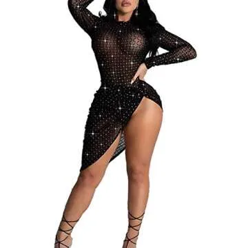 Sexy Sheer Mesh Bodycon Midi Dress for Women - Black