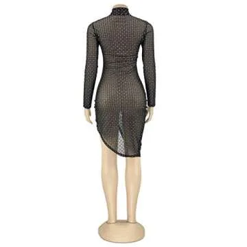 Sexy Sheer Mesh Bodycon Midi Dress for Women - Black