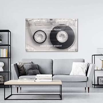 Canvas Wall Art Life Has No Rewind Motivational Quote Posters Black White Cassette Music Tape Painting Canvas Print Artwork for Living Room Bedroom Home Decorations Framed Ready to Hang-44"Wx28"H