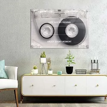 Canvas Wall Art Life Has No Rewind Motivational Quote Posters Black White Cassette Music Tape Painting Canvas Print Artwork for Living Room Bedroom Home Decorations Framed Ready to Hang-44"Wx28"H
