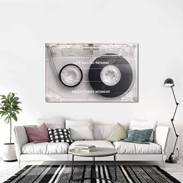 Canvas Wall Art Life Has No Rewind Motivational Quote Posters Black White Cassette Music Tape Painting Canvas Print Artwork for Living Room Bedroom Home Decorations Framed Ready to Hang-44"Wx28"H