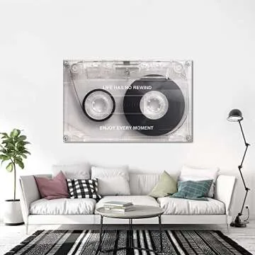 Canvas Wall Art Life Has No Rewind Motivational Quote Posters Black White Cassette Music Tape Painting Canvas Print Artwork for Living Room Bedroom Home Decorations Framed Ready to Hang-44"Wx28"H