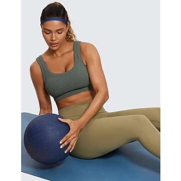 CRZ YOGA Ribbed Sports Bras for Women - U Back Wireless Medium Impact Padded Yoga Workout Cami Grey Sage Medium