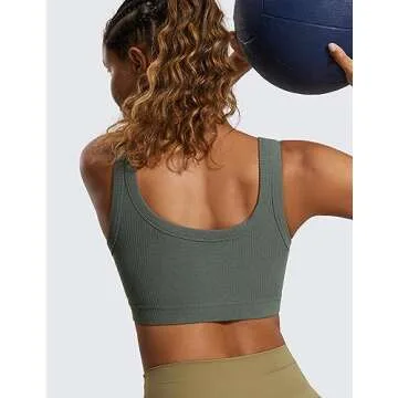 CRZ YOGA Ribbed Sports Bras for Women - U Back Wireless Medium Impact Padded Yoga Workout Cami Grey Sage Medium