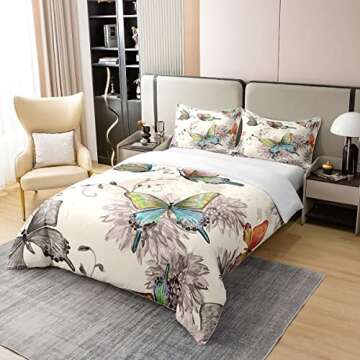 Erosebridal 100% Cotton Butterfly Bedding Set Watercolor Flower Comforter Cover Twin Size for Women ...