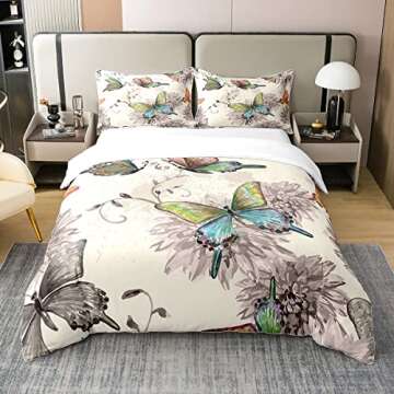 Erosebridal 100% Cotton Butterfly Bedding Set Watercolor Flower Comforter Cover Twin Size for Women Girls Teens Colorful Butterfly Floral Duvet Cover Vintage Grunge Style Quilt Cover