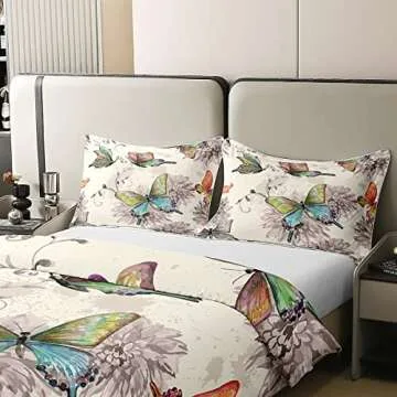 Erosebridal 100% Cotton Butterfly Bedding Set Watercolor Flower Comforter Cover Twin Size for Women Girls Teens Colorful Butterfly Floral Duvet Cover Vintage Grunge Style Quilt Cover