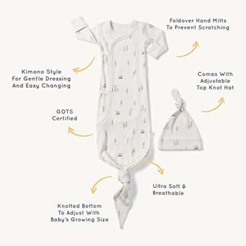 MakeMake Organics GOTS Certified Organic Cotton Kimono Knotted Blanket Tie Swaddle Hat Set Mittens Baby Boys Girls (Evergreen Fir, Newborn)