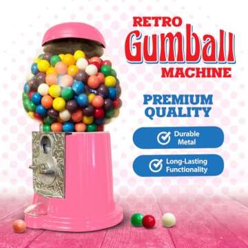 American Gumball Company - Metal 11-Inch Retro Style Pink Gumball Machine, Made for 0.62 Inch Gumballs, Candy or Nuts, Accepts Any US Coin