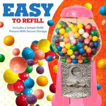 American Gumball Company - Metal 11-Inch Retro Style Pink Gumball Machine, Made for 0.62 Inch Gumballs, Candy or Nuts, Accepts Any US Coin
