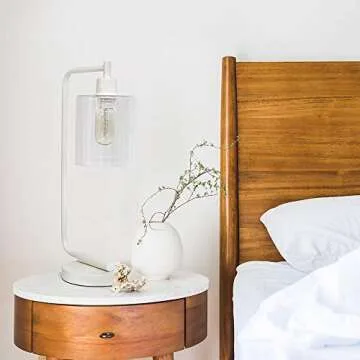 Simple Designs LD1036-WHT Bronson Antique Style Industrial Iron Lantern Desk Bedside Glass Shade Table Lamp, White