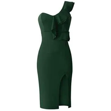 ECOWISH Women's Dresses Sexy Ruffle One Shoulder Sleeveless Split Bodycon Midi Party Dress Green Large