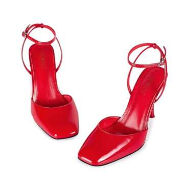 wetkiss Red High Heels for Women Close Square Toe Pumps Shoes Women Stiletto Kitten Heels Ankle Strap Red Patent Leather Pumps for Women Wedding Pumps Dress Party Prom Shoes Size 6