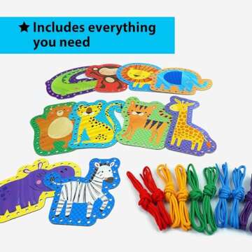 KRAFUN Safari Animal Preschool Arts & Crafts Lacing Kit, 10 Easy Lacing Cards for Toddlers Fine Moto...