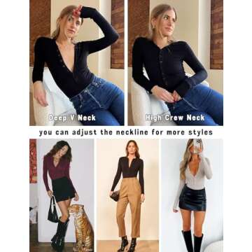 Prettywear 2025 Sexy Casual Women's Long Sleeve Tops Spring Fall Henley Shirts V Neck Slim Fitted Ba...