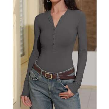 Prettywear 2025 Sexy Casual Women's Long Sleeve Tops Spring Fall Henley Shirts V Neck Slim Fitted Basic T-Shirts Tee Blouse Dark Gray