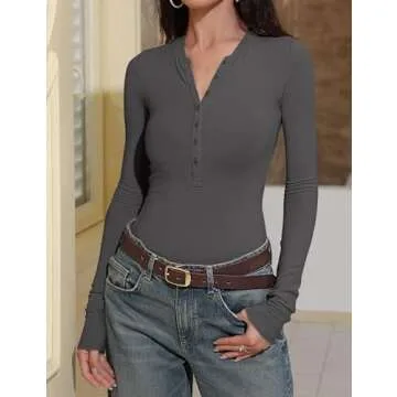 Prettywear 2025 Sexy Casual Women's Long Sleeve Tops Spring Fall Henley Shirts V Neck Slim Fitted Basic T-Shirts Tee Blouse Dark Gray