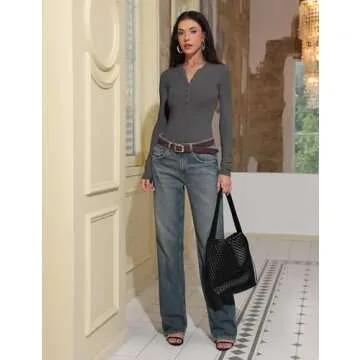 Prettywear 2025 Sexy Casual Women's Long Sleeve Tops Spring Fall Henley Shirts V Neck Slim Fitted Basic T-Shirts Tee Blouse Dark Gray