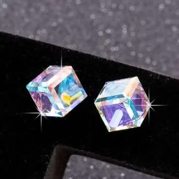 Cube Austrian Crystal Drop Stud Earrings for Women Fashion S925 Sterling Silver Hypoallergenic Jewelry (Aurora Boreali)