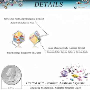 Cube Austrian Crystal Drop Stud Earrings for Women Fashion S925 Sterling Silver Hypoallergenic Jewelry (Aurora Boreali)