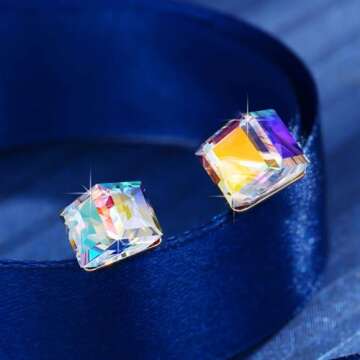 Cube Austrian Crystal Drop Stud Earrings for Women Fashion S925 Sterling Silver Hypoallergenic Jewelry (Aurora Boreali)