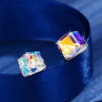 Cube Austrian Crystal Drop Stud Earrings for Women Fashion S925 Sterling Silver Hypoallergenic Jewelry (Aurora Boreali)