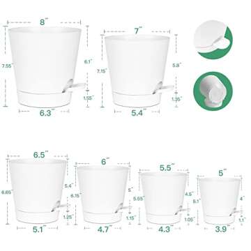 Warmplus Plastic Planters for Indoor Plants, 8/7/6.5/6/5.5/5 Inch Plant Pots with Drainage Holes, Watering Wick, Watering Lip for Most Indoor Outdoor Plants and Flowers, White