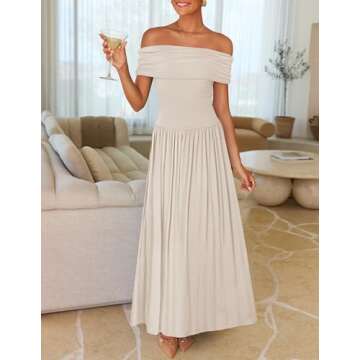 ZESICA Women's Off The Shoulder Maxi Dress 2025 Summer Sleeveless Casual Slim Swing Pleated Formal Party Dresses