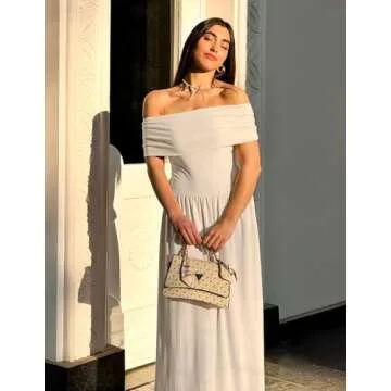 ZESICA Women's Off The Shoulder Maxi Dress 2025 Summer Sleeveless Casual Slim Swing Pleated Formal Party Dresses