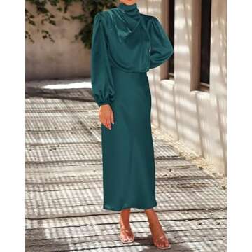 BTFBM Women's Mock Neck Satin Dress Elegant Long Sleeve Elastic High Waist Formal Wedding Cocktail Party Maxi Dresses(Solid Dark Green, X-Large)