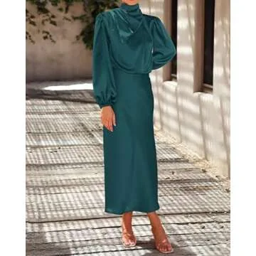 BTFBM Women's Mock Neck Satin Dress Elegant Long Sleeve Elastic High Waist Formal Wedding Cocktail Party Maxi Dresses(Solid Dark Green, X-Large)